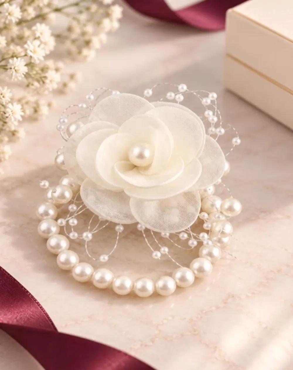 Elegant White Fabric Rose bracelet with Pearls