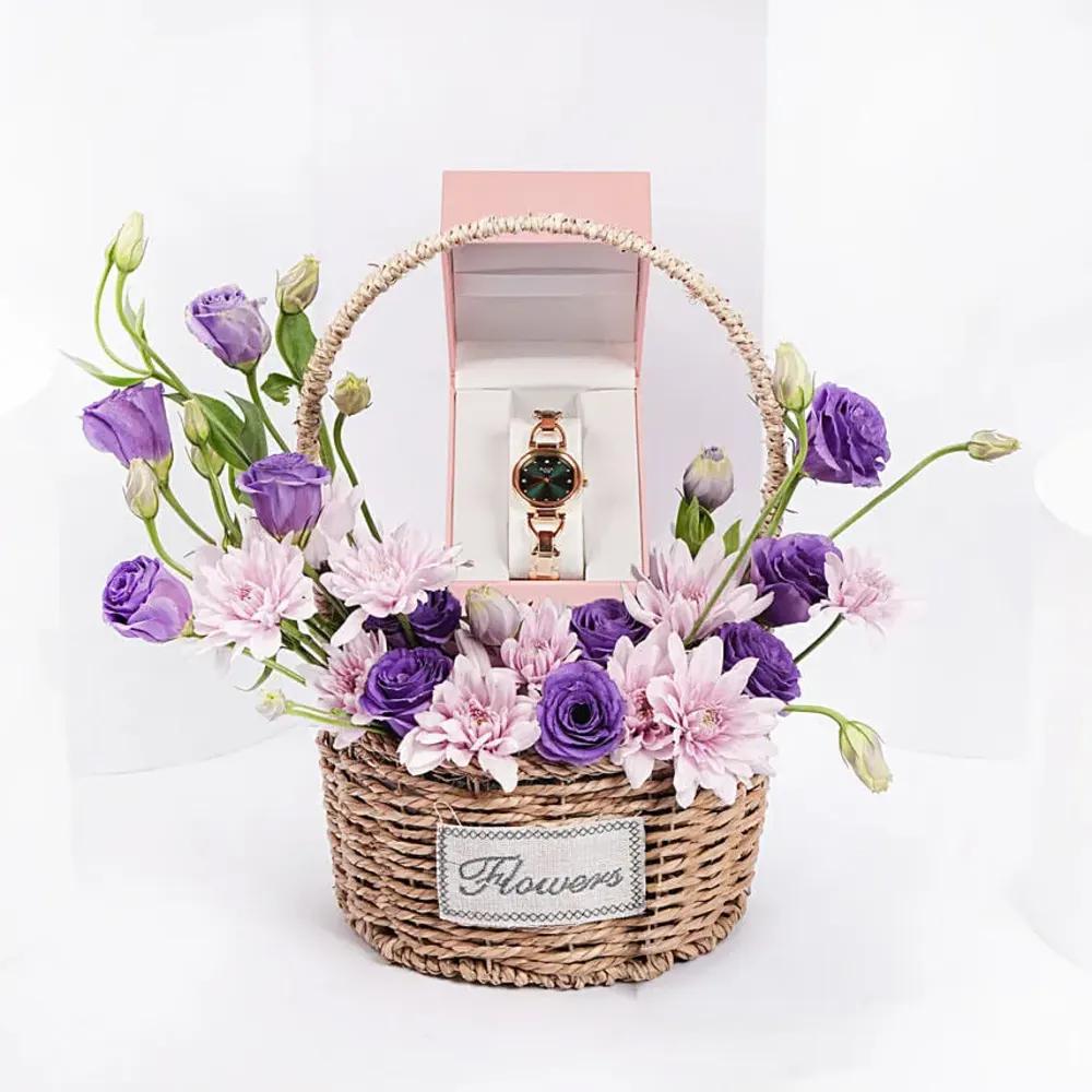 A bouquet of flowers with a watch